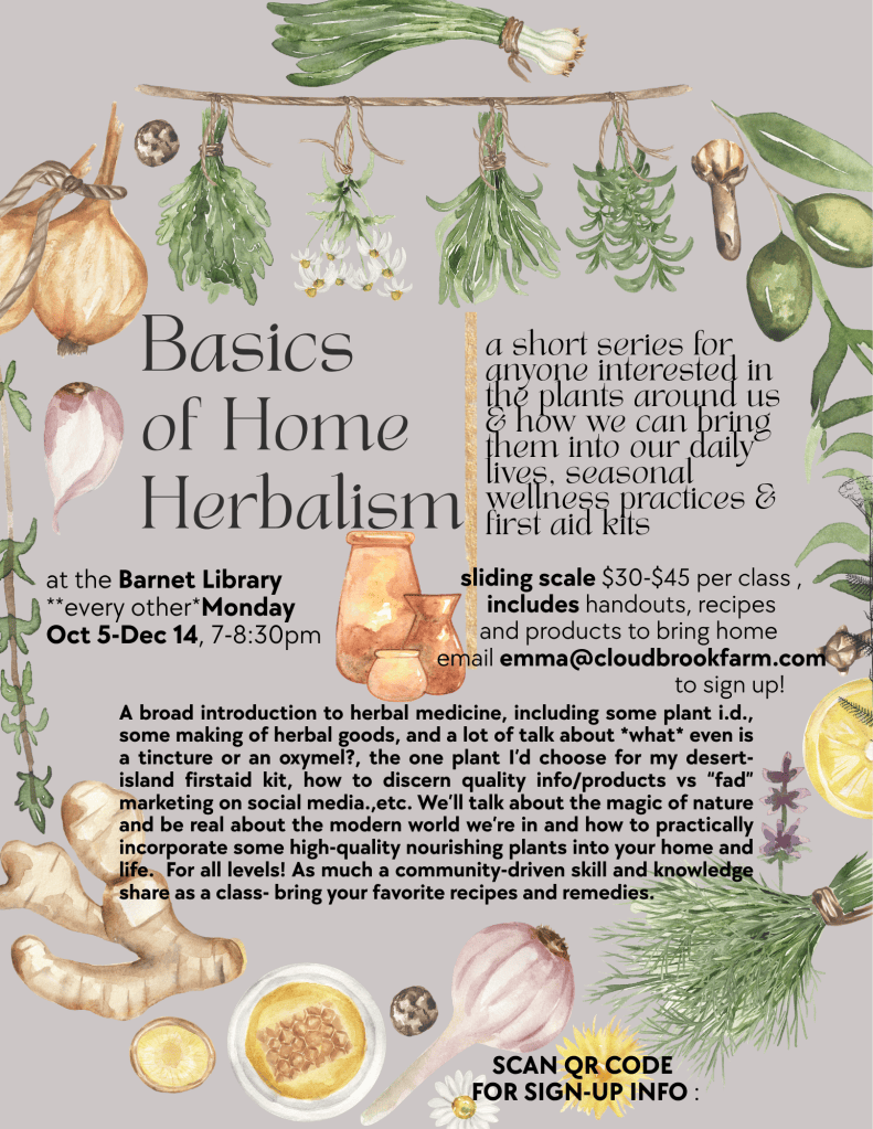 Herb Classes at the Barnet Library are back again this fall! Email emma@cloudbrookfarm.com to register- sliding scale, open to everyone ! 
